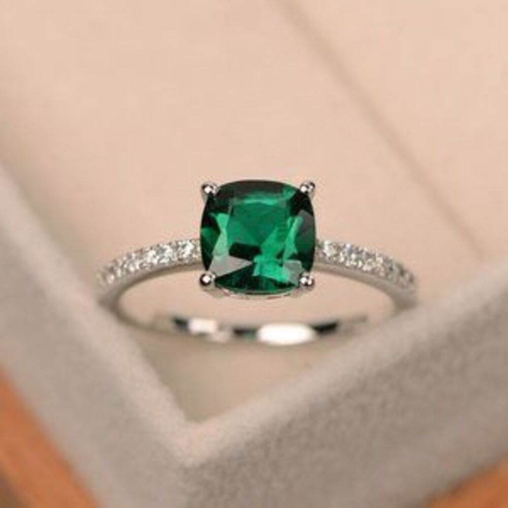 Sterling Silver Emerald Diamond Cushion Cut Ring